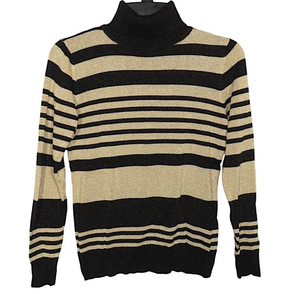 Joseph A Women's Gold Black Striped Turtleneck Sweater Size Petite Small